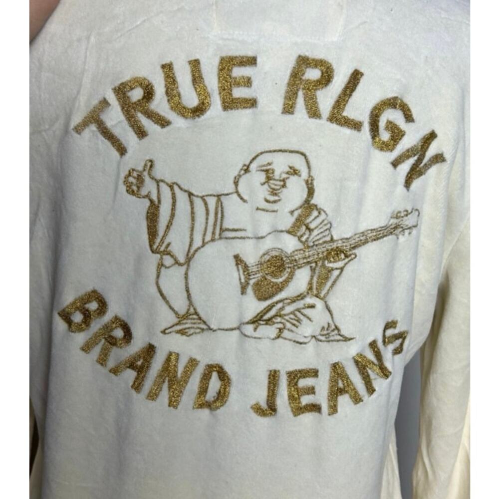 True Religion Cream Gold Embroidered Tracksuit Set Velour Y2K Hoodie Joggers XL